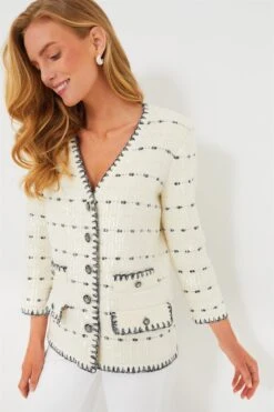 Veronica Beard Off White And Navy Ceriani Knit Jacket With Sequins