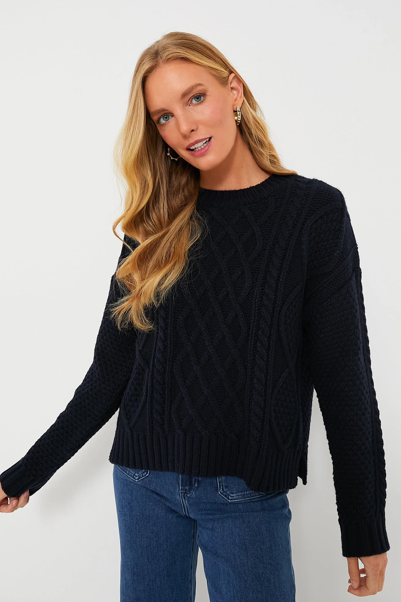 Navy Cable Knit Courchevel Sweater 1 Navy Cable Knit Courchevel Sweater