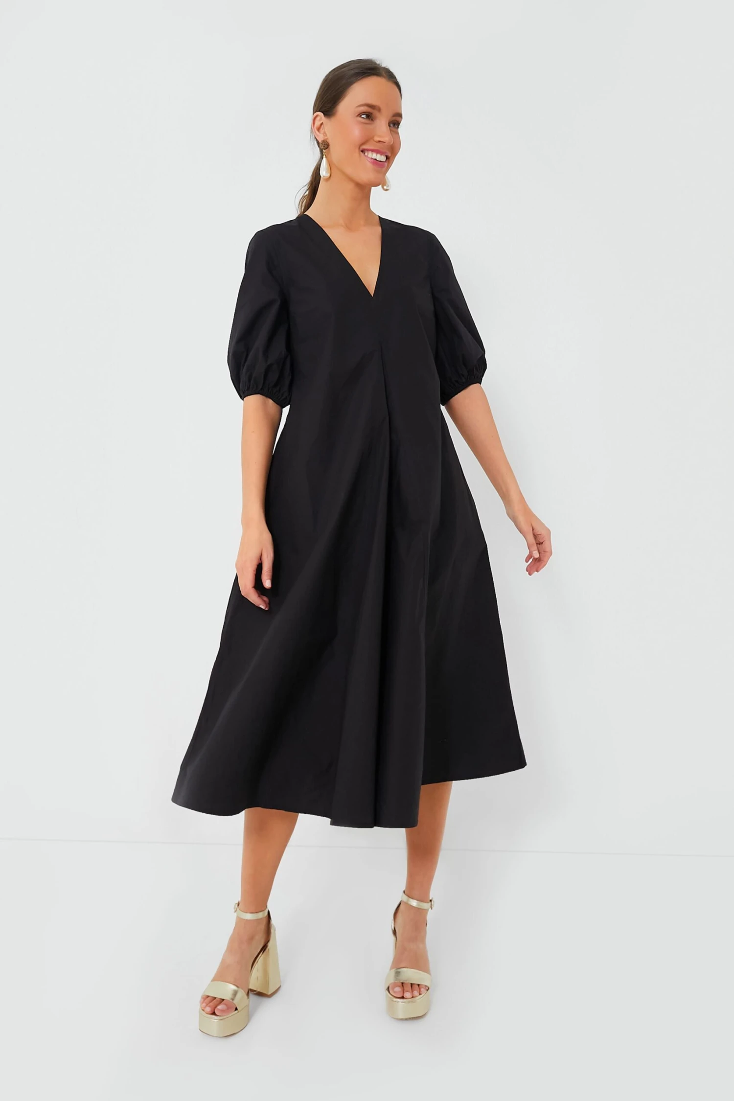 Ganni Black Cotton Poplin V-Neck Long Dress 1 Ganni Black Cotton Poplin V-Neck Long Dress