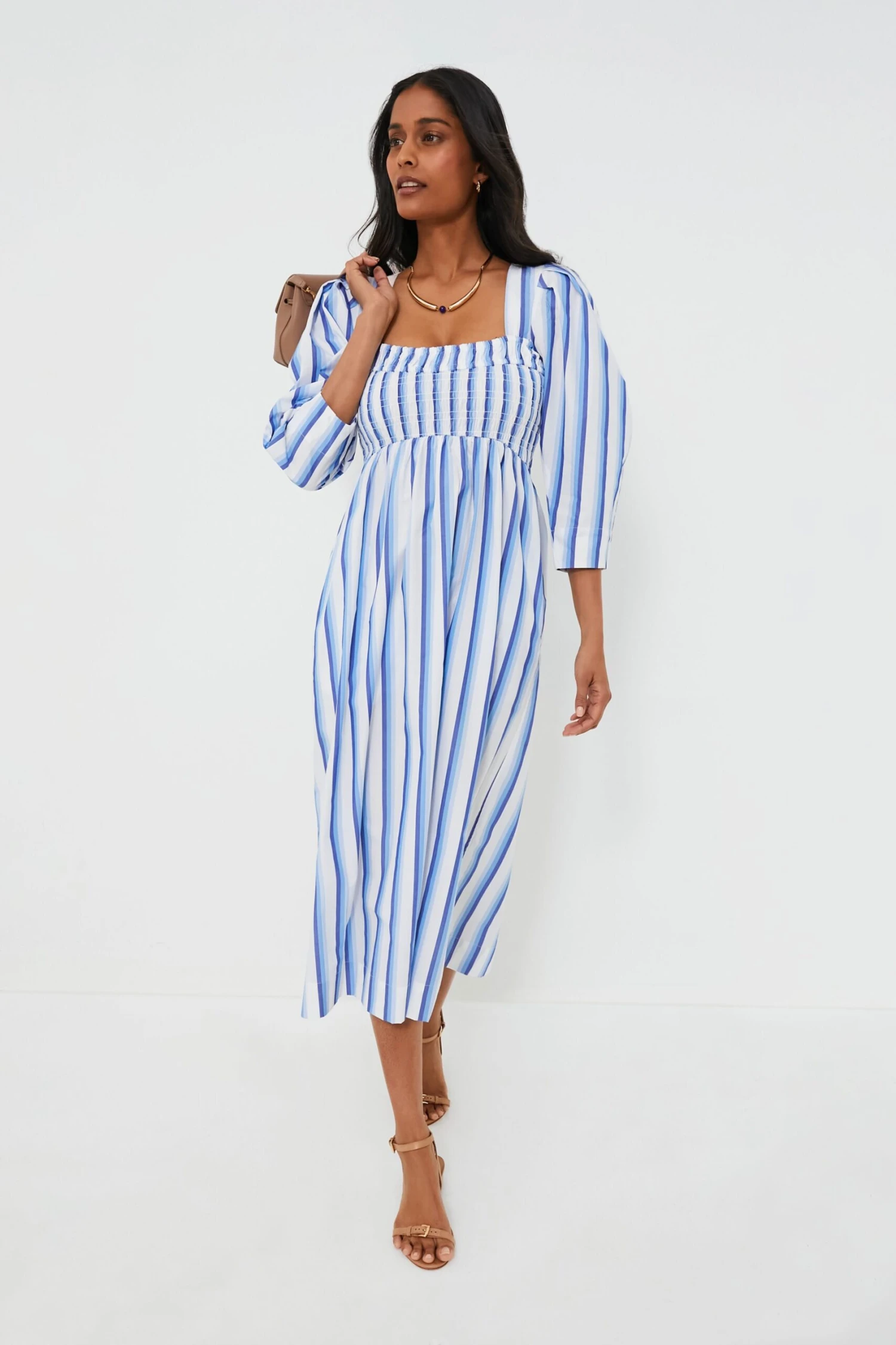 Ganni Silver Lake Blue Stripe Cotton Open-neck Smock Long Dress 2 Ganni Silver Lake Blue Stripe Cotton Open-neck Smock Long Dress - Image 2