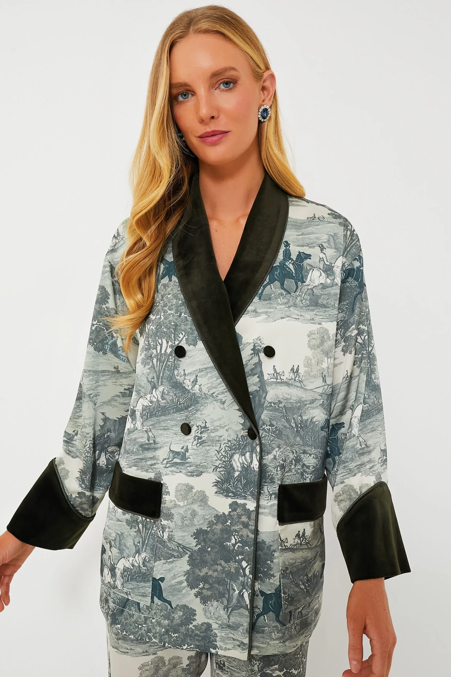 Middleburg Toile Velvet Trim Smoking Jacket 1 Middleburg Toile Velvet Trim Smoking Jacket