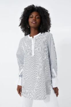 White And Navy Pinstripes Zoe Popover Tunic