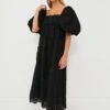 Farm Rio Black Pineapple Cotton Eyelet Maxi Dress