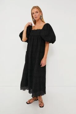 Farm Rio Black Pineapple Cotton Eyelet Maxi Dress