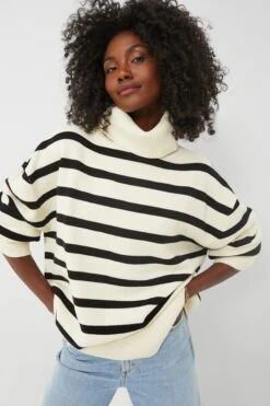 Ecru And Black Striped Turtleneck Sweater