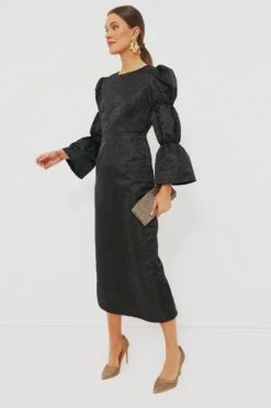 Black Jacquard Puff Sleeve Darcy Dress
