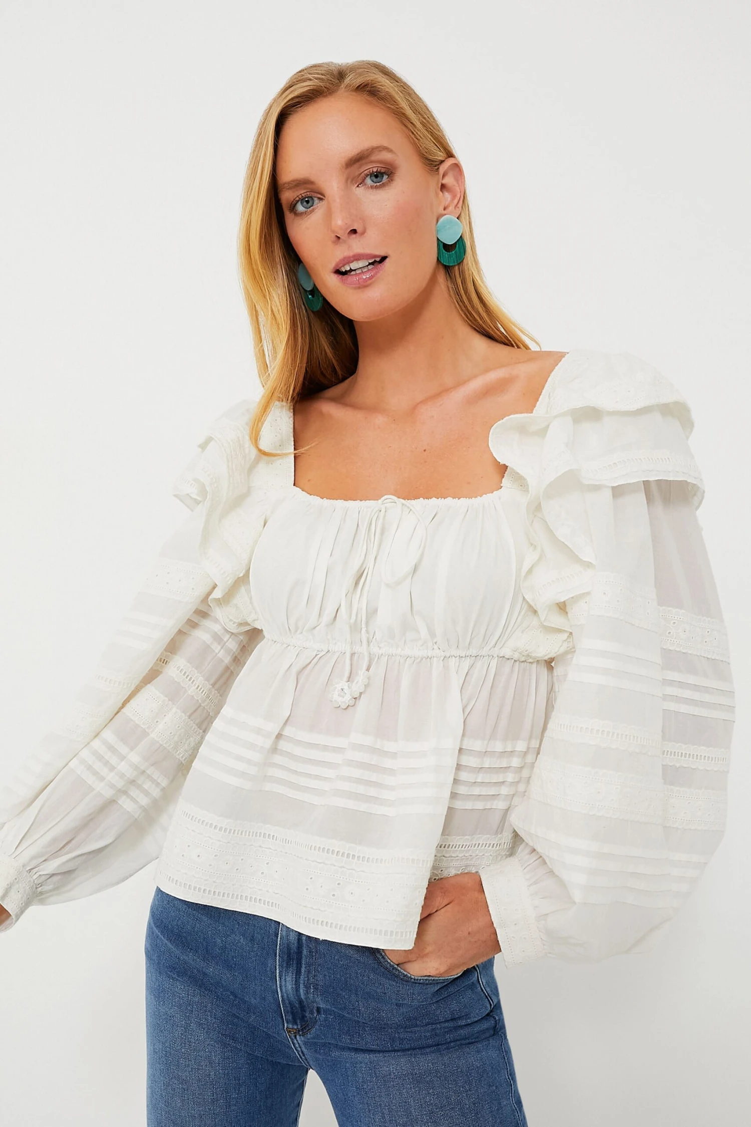 Farm Rio Off-White Squared Neckline Long Sleeve Blouse 1 Farm Rio Off-White Squared Neckline Long Sleeve Blouse