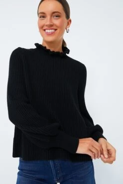 Black Delphine Ruffle Neck Sweater
