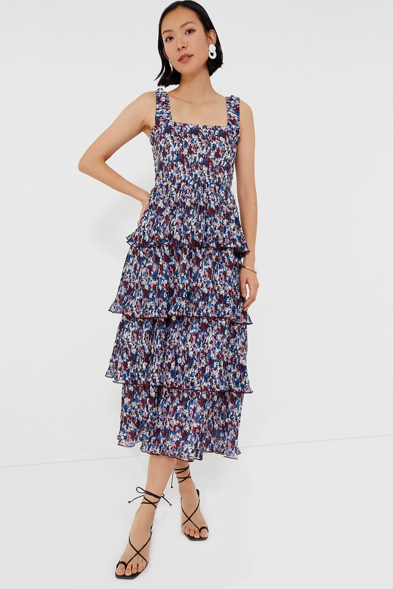 Ganni Multi Pleated Georgette Flounce Smock Midi Dress 1 Ganni Multi Pleated Georgette Flounce Smock Midi Dress