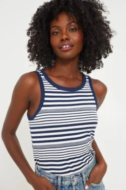 Vineyard Vines Marshmallow And Navy Stripe Heritage Rib Tank