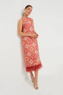 Sun Jacquard Column Dress With Feathers