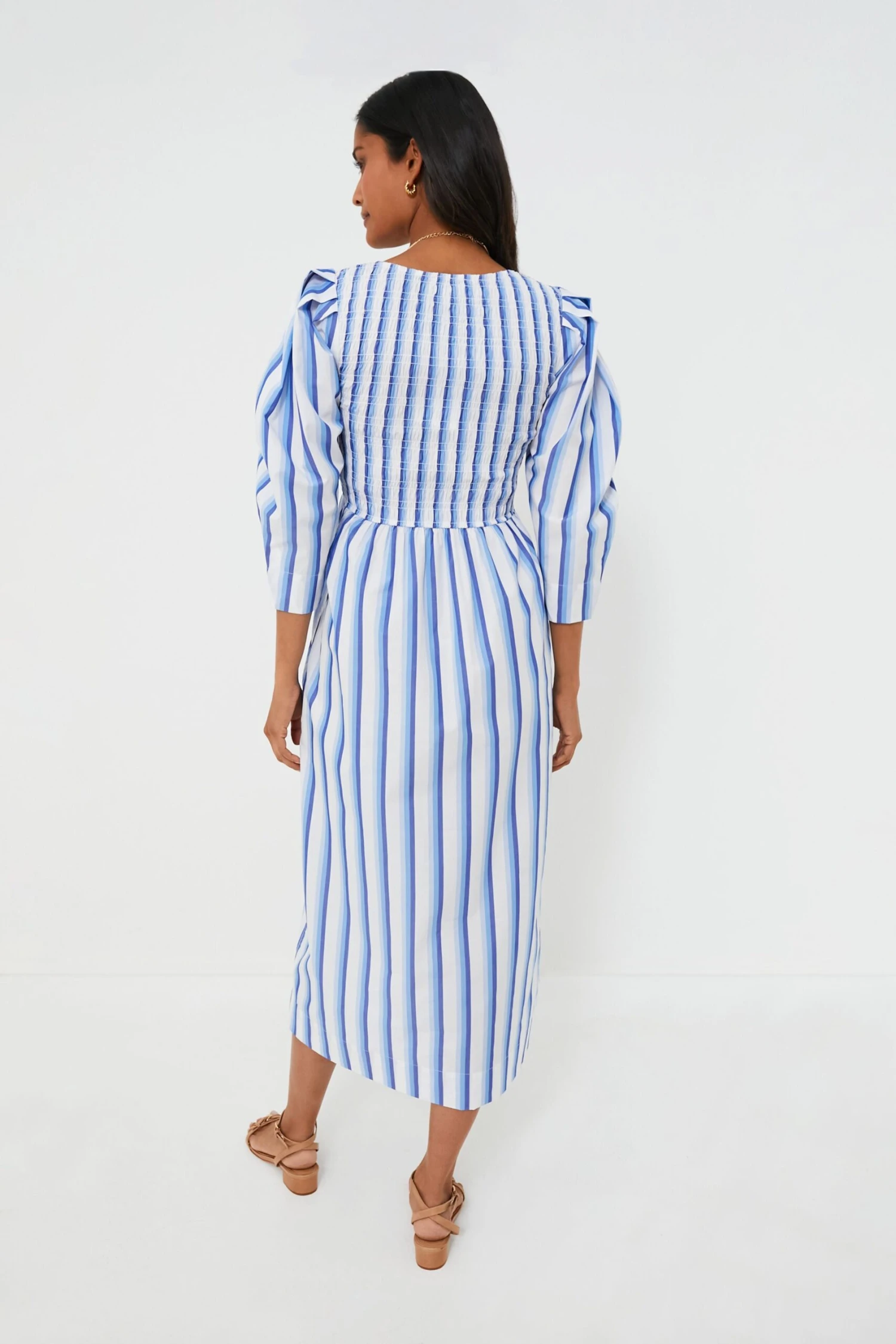Ganni Silver Lake Blue Stripe Cotton Open-neck Smock Long Dress 4 Ganni Silver Lake Blue Stripe Cotton Open-neck Smock Long Dress - Image 4