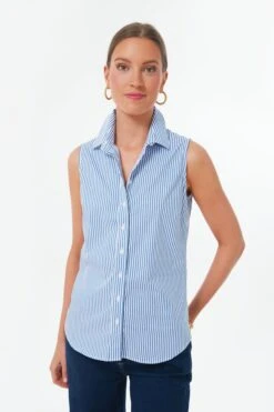 Blue And White Stripe Sleeveless Shirt