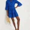 Blue Tiered V-Neck Quidnet Mini Dress