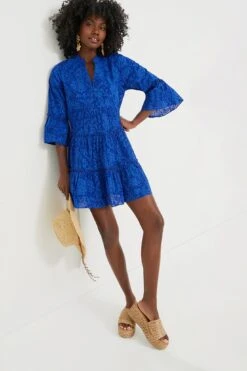 Blue Tiered V-Neck Quidnet Mini Dress