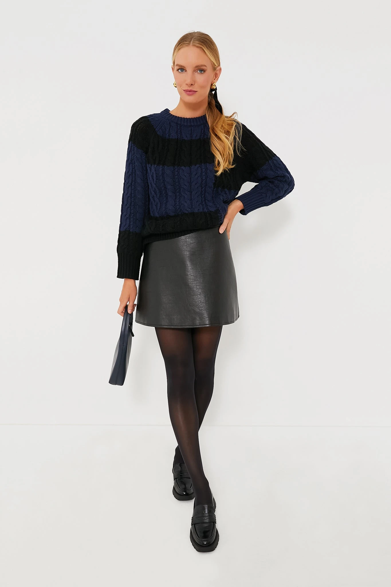 Navy And Black Color Block Cable Sweater 1 Navy And Black Color Block Cable Sweater