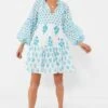 Exclusive Blue Floral Balloon Sleeve Short Mini Dress