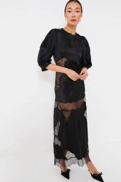 CYNTHIA ROWLEY Black Charmeuse Lace Bias Dress