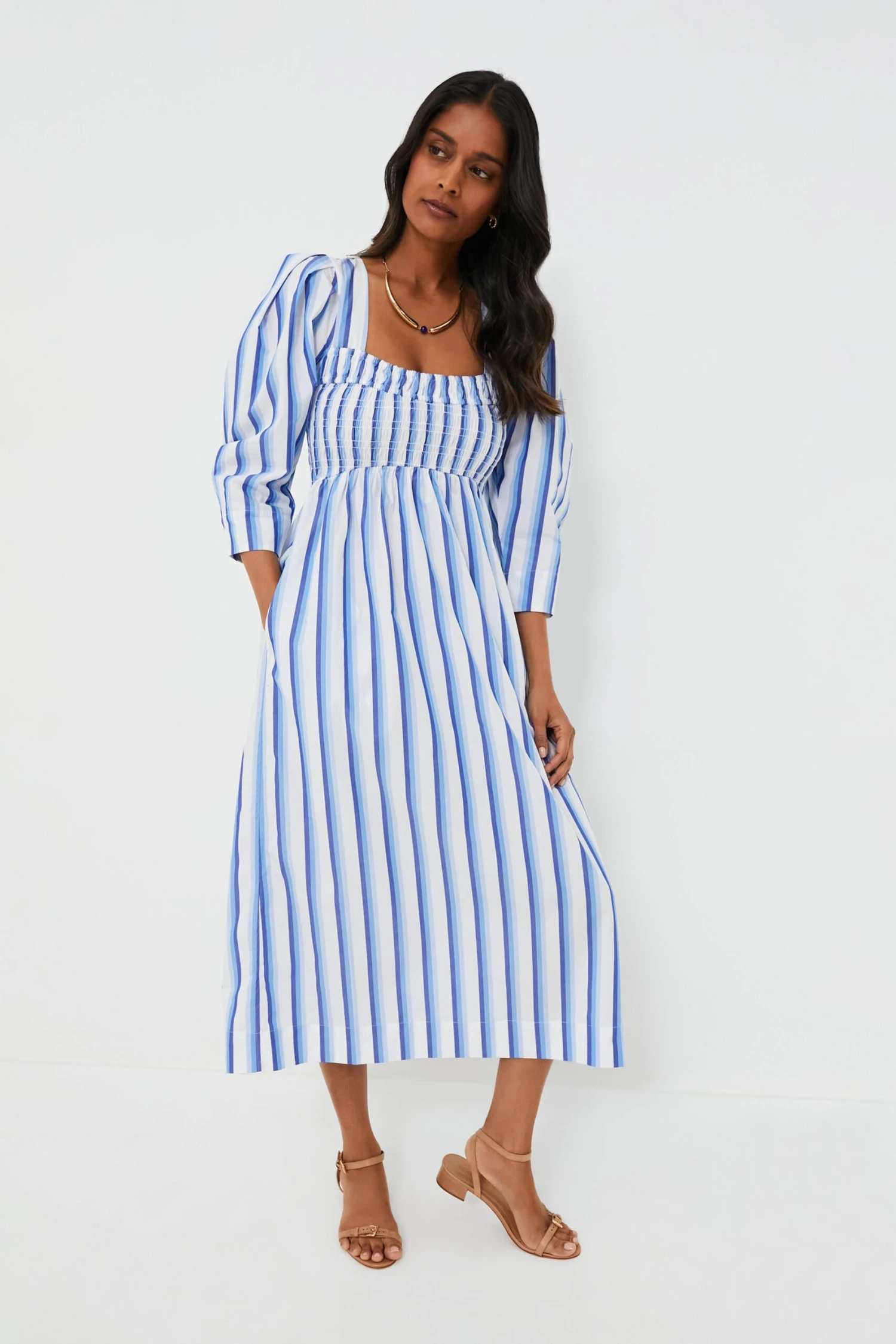Ganni Silver Lake Blue Stripe Cotton Open-neck Smock Long Dress 1 Ganni Silver Lake Blue Stripe Cotton Open-neck Smock Long Dress