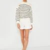Ivory And Dark Navy Stripe Button Back Crewneck Sweater
