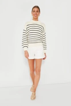 Ivory And Dark Navy Stripe Button Back Crewneck Sweater