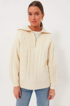 Varley Winter White Daria Half Zip Cable Knit
